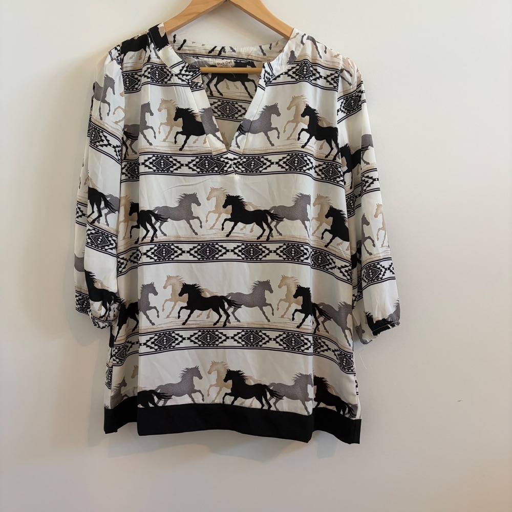 Pink Owl Horse Print Southwestern V-Neck Blouse White Black Large IT15686FUR
